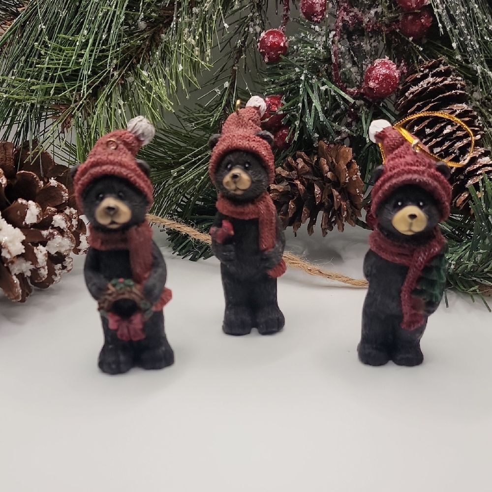 Black Bear Christmas Tree Ornaments Rusric Log Cabin With Cute Red Hats